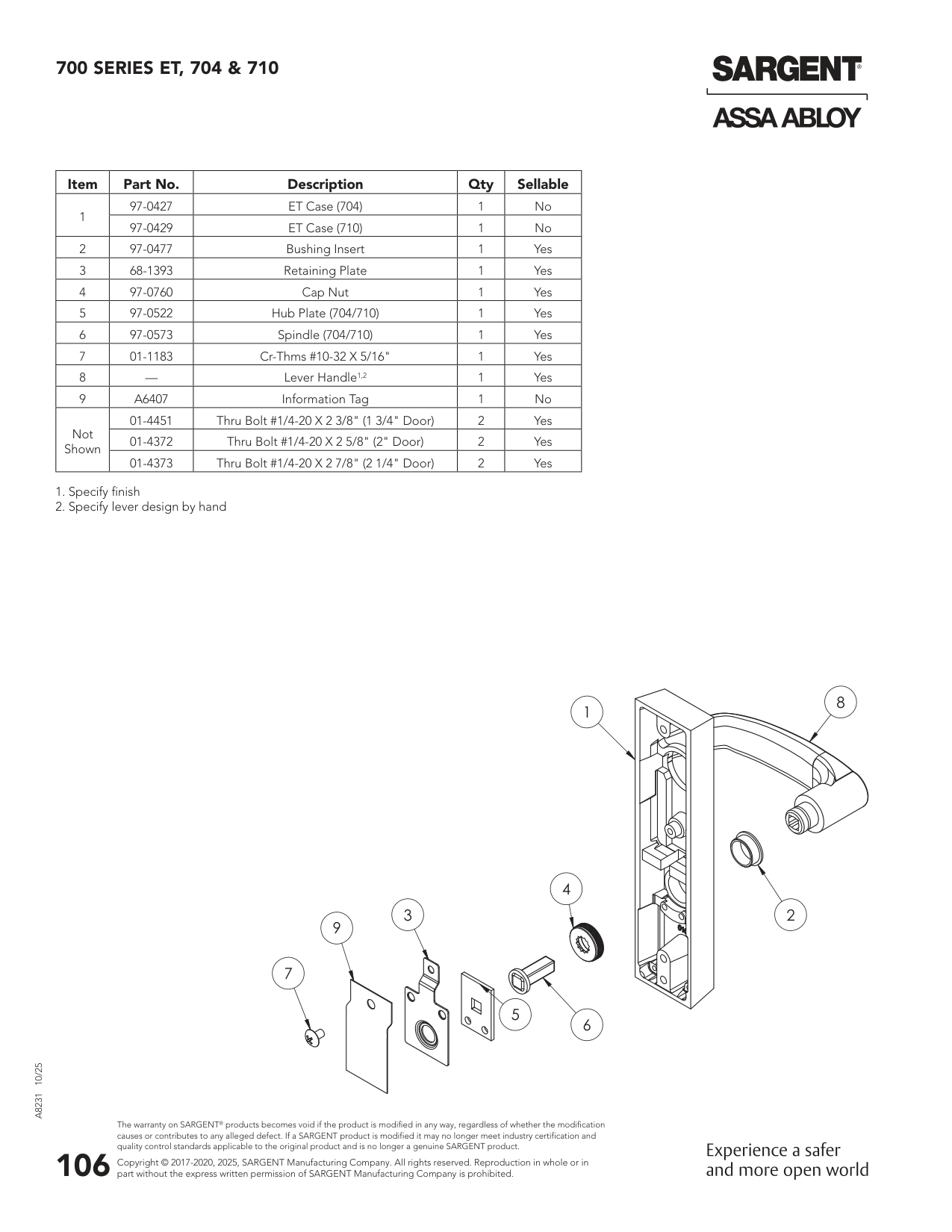 Sargent 01-4372 Part Parts List