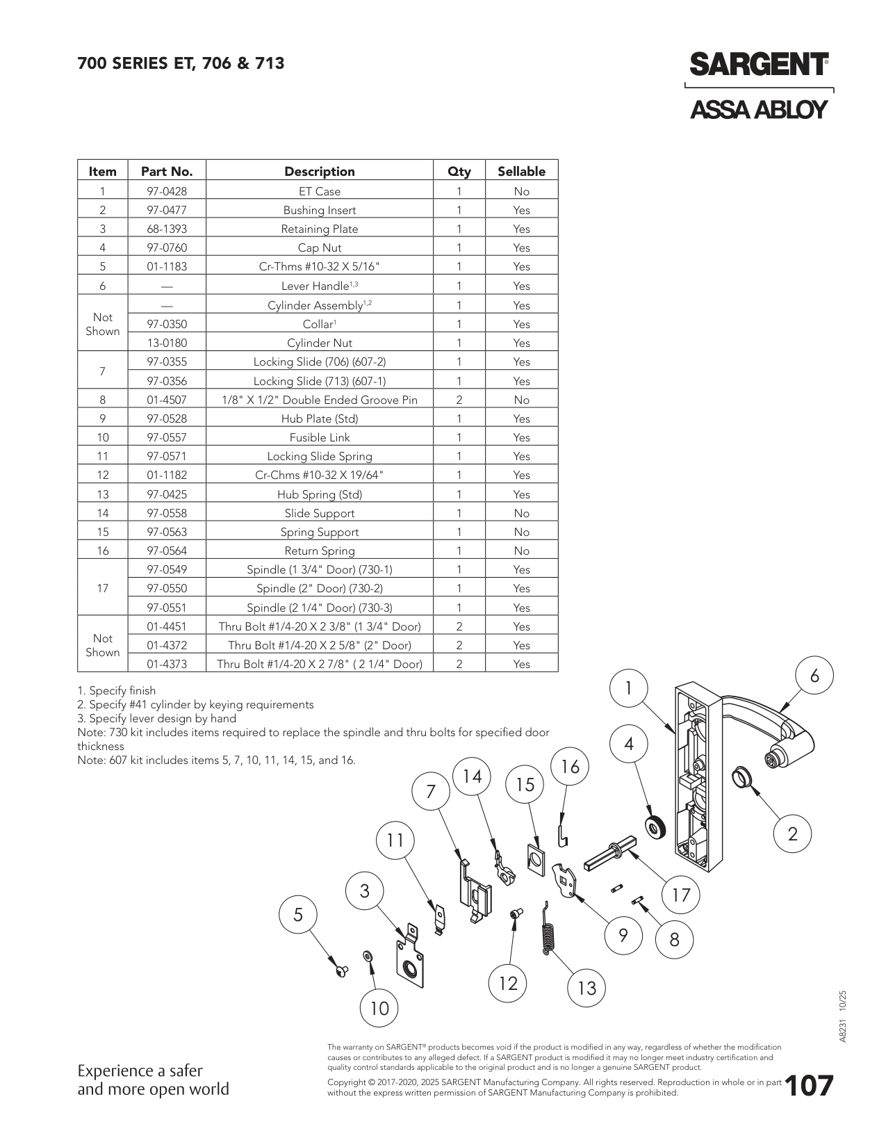 Sargent 97-0549 Pin Parts List