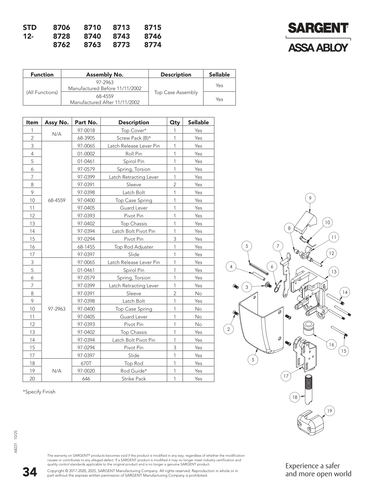 Sargent 97-0579 Spring Parts List
