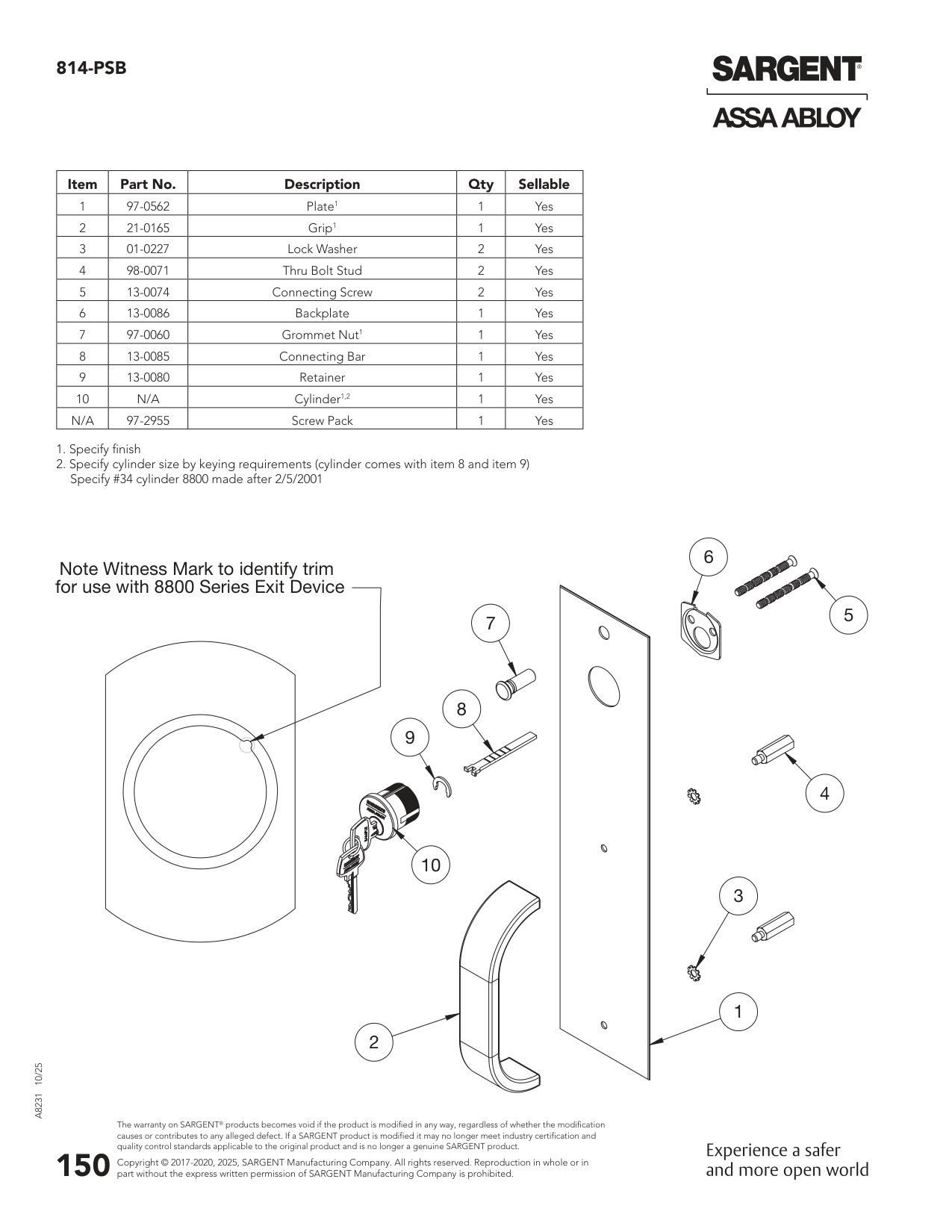 Sargent 97-0562 Part Parts List