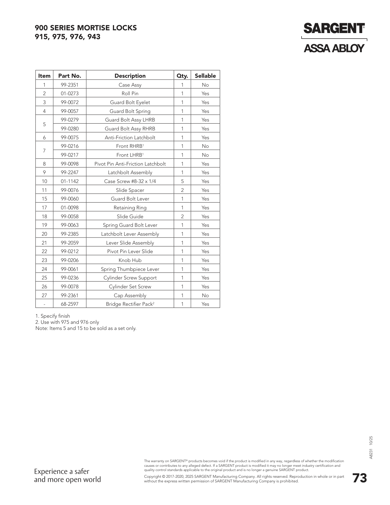 Sargent 68-2597 Part Parts List