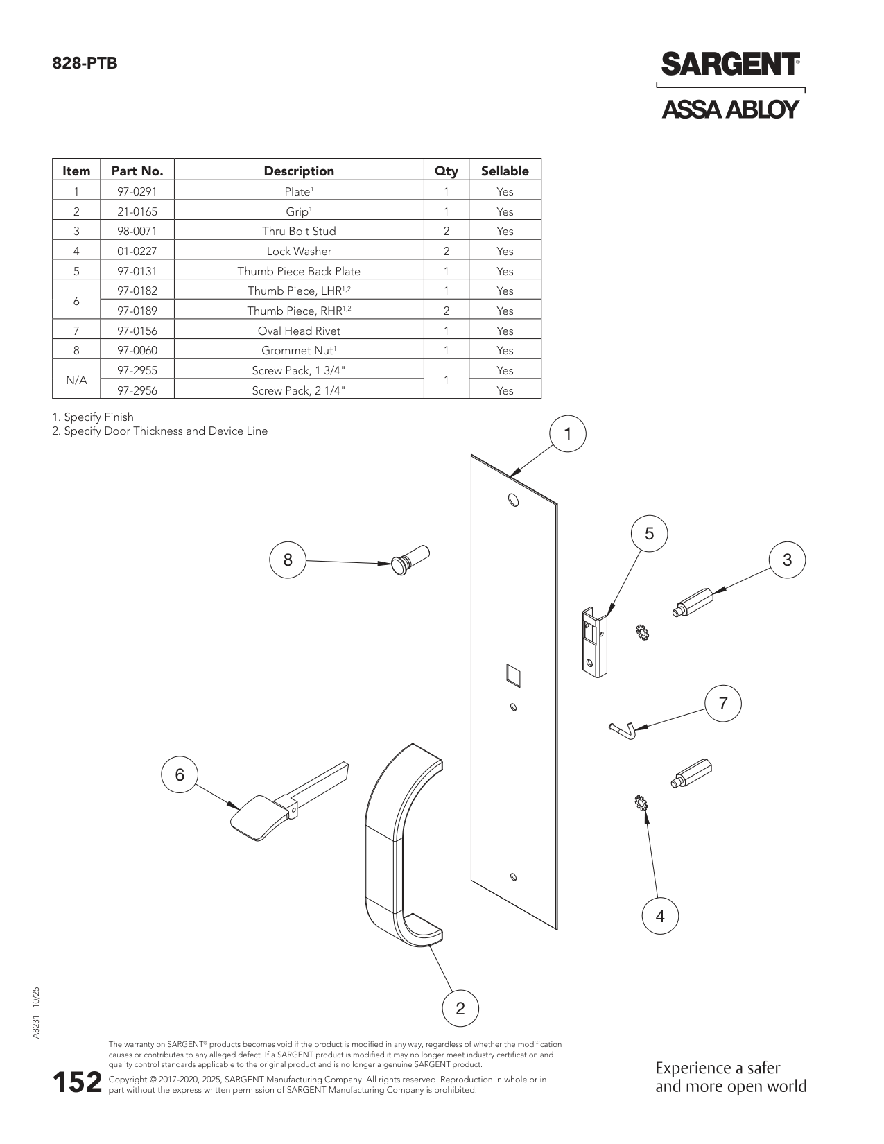 Sargent 97-0291 Part Parts List