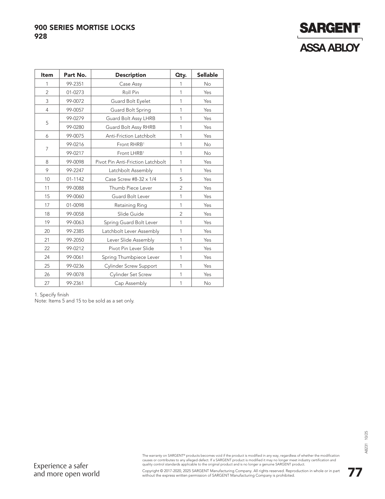 Sargent 99-0088 Lever Parts List