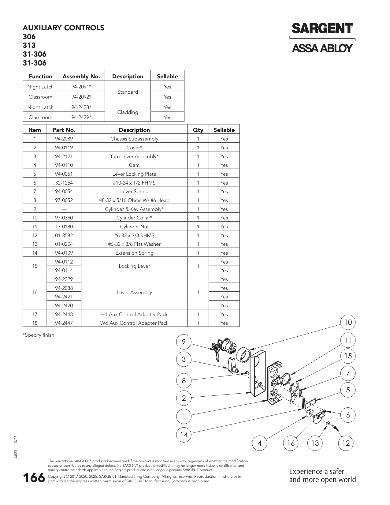 Sargent 94-0112 Lever Parts List