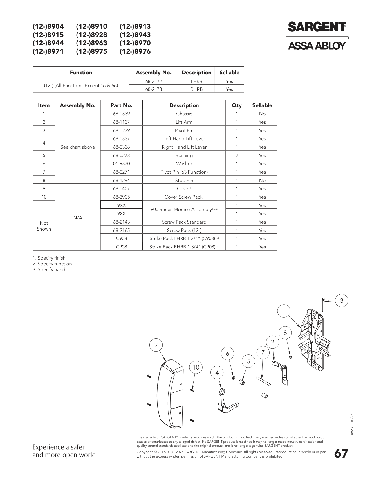 Sargent 68-0338 Lever Parts List