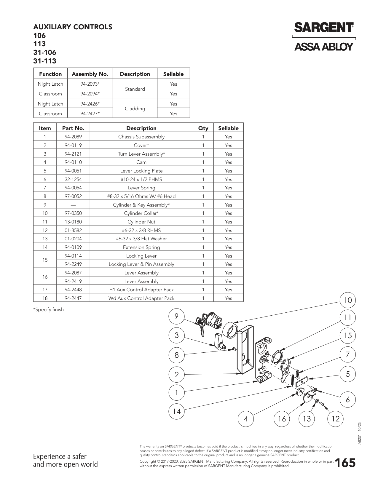 Sargent 94-0054 Spring Parts List