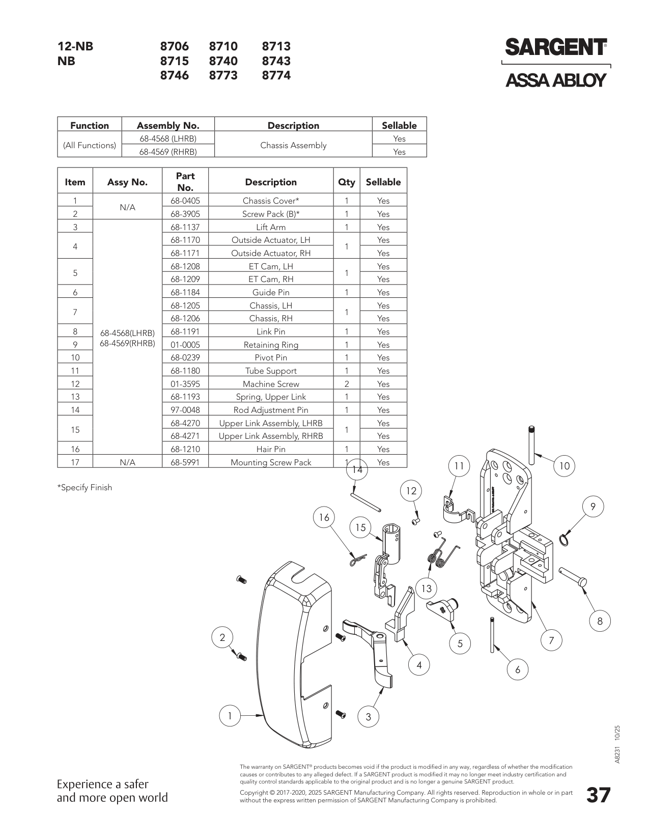 Sargent 68-1208 Part Parts List