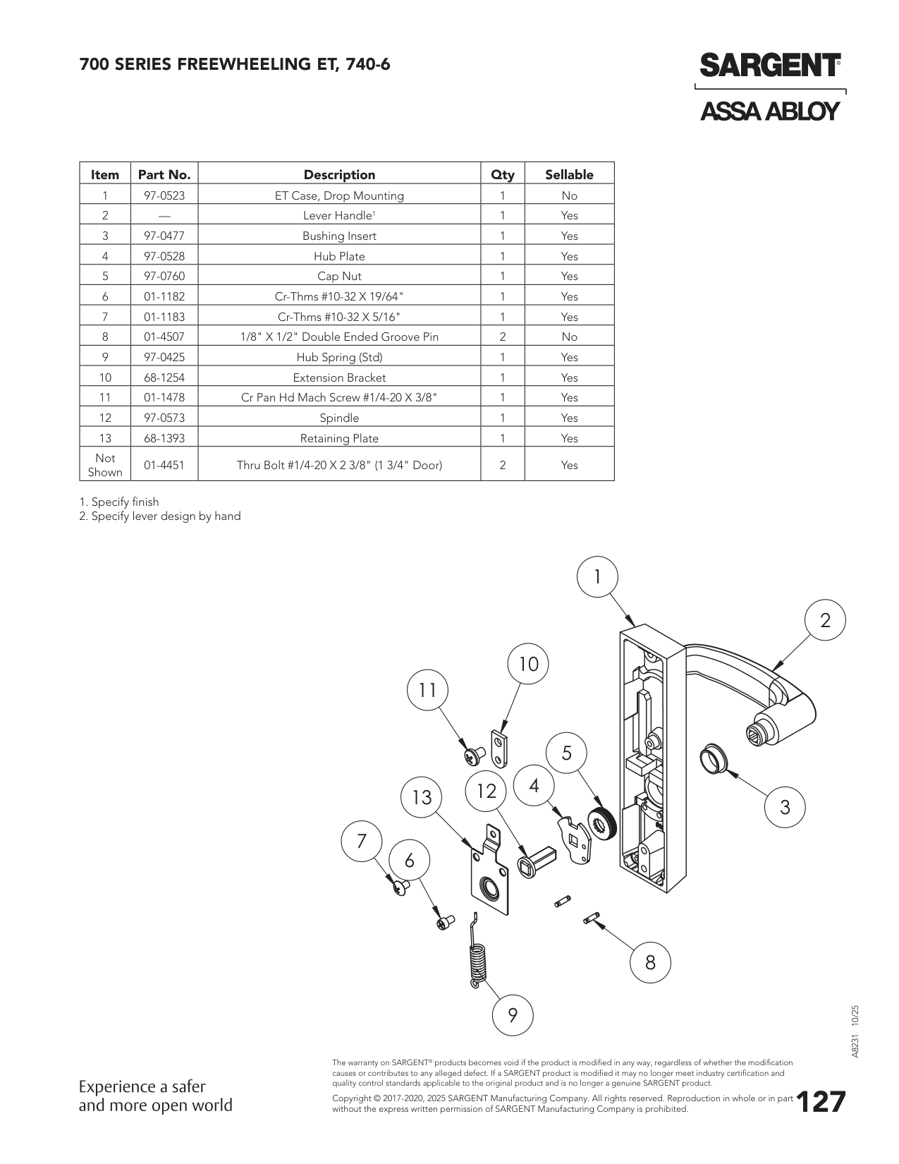 Sargent 68-1254 Part Parts List