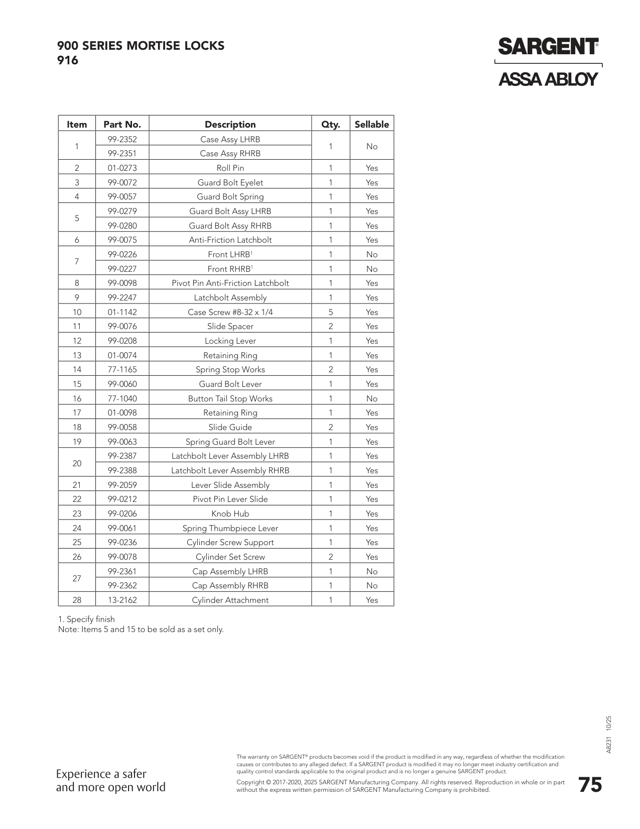 Sargent 13-2162 Part Parts List