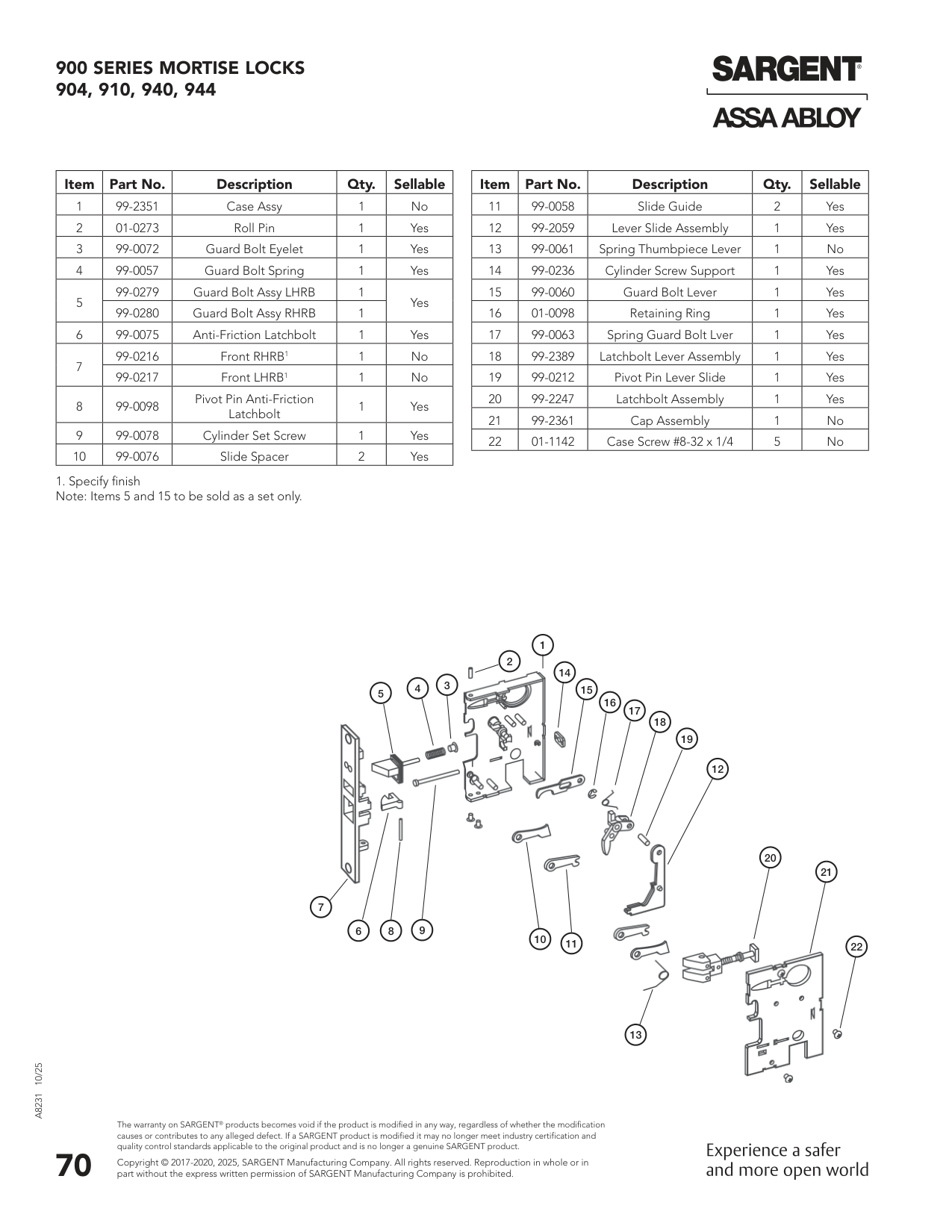 Sargent 99-0061 Spring Parts List
