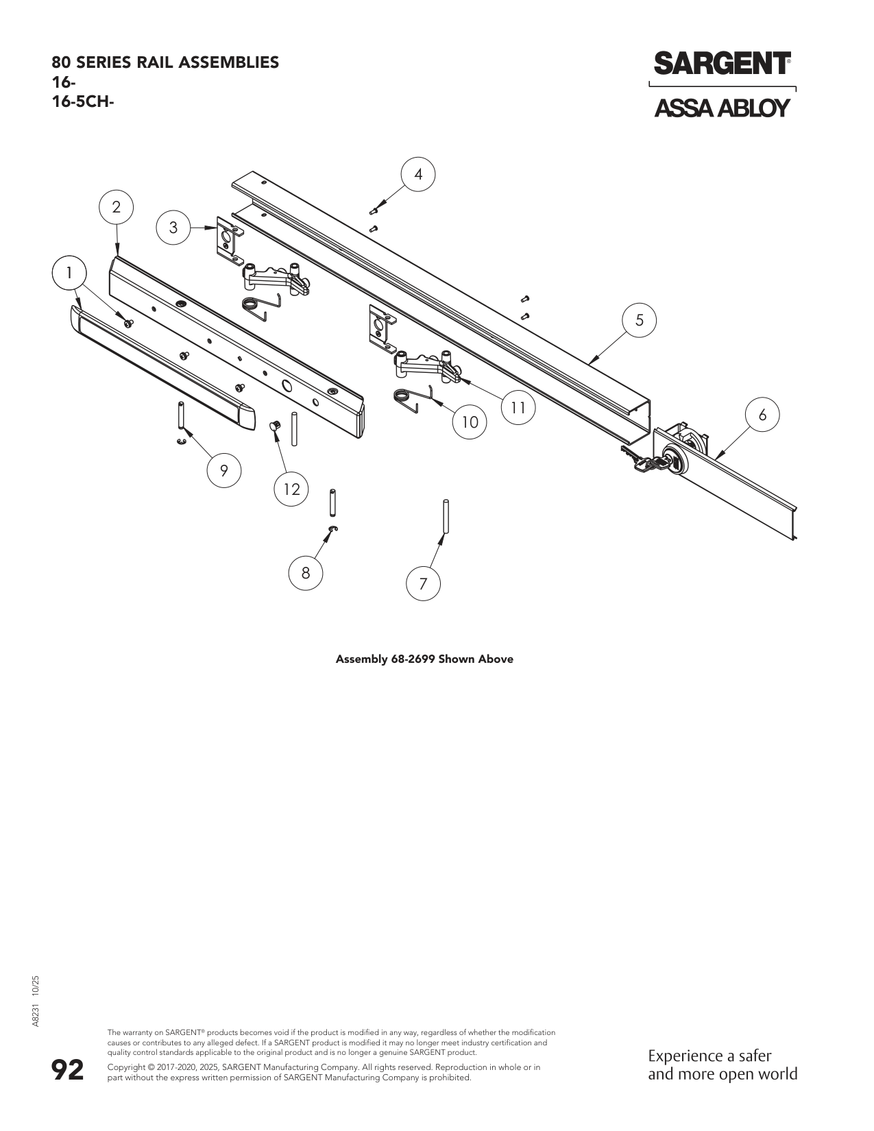 Sargent 68-2721 Rail Assembly Parts List
