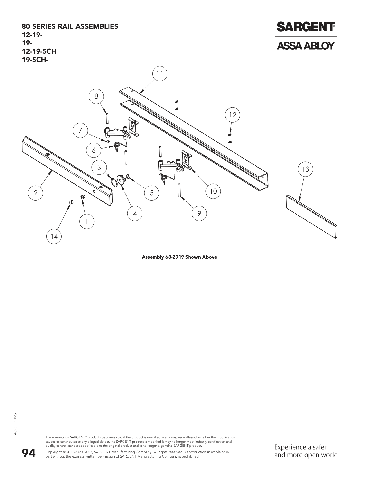 Sargent 68-2906 Rail Assembly Parts List
