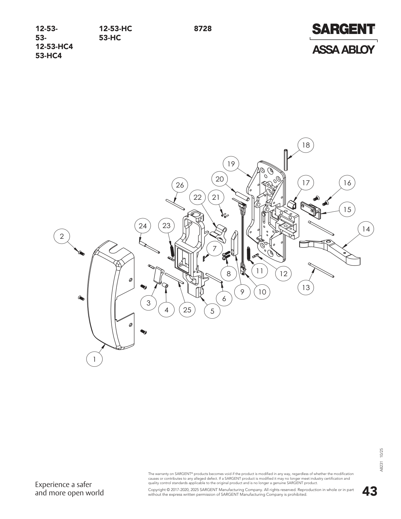 Sargent 68-3829 Assembly Parts List