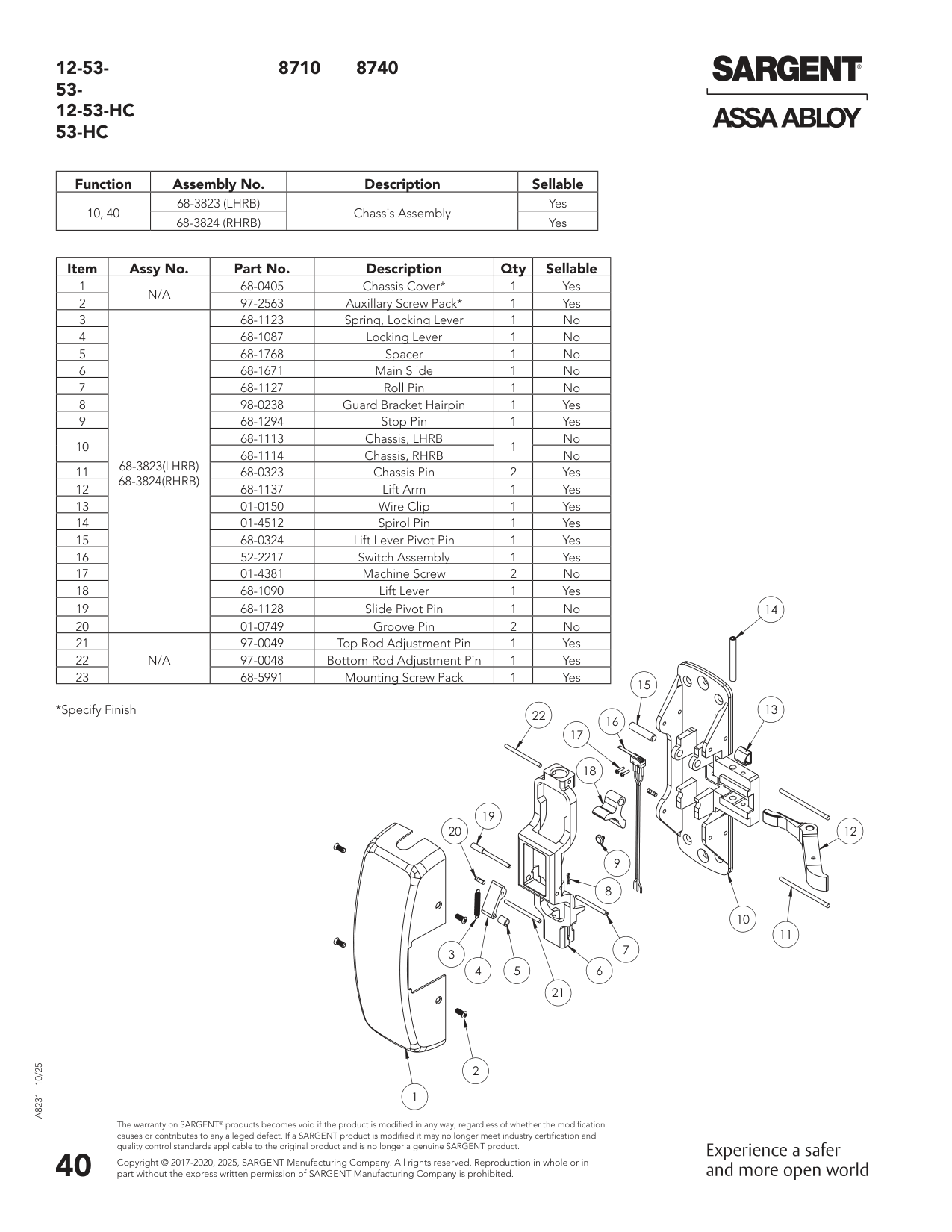 Sargent 68-3823 Assembly Parts List