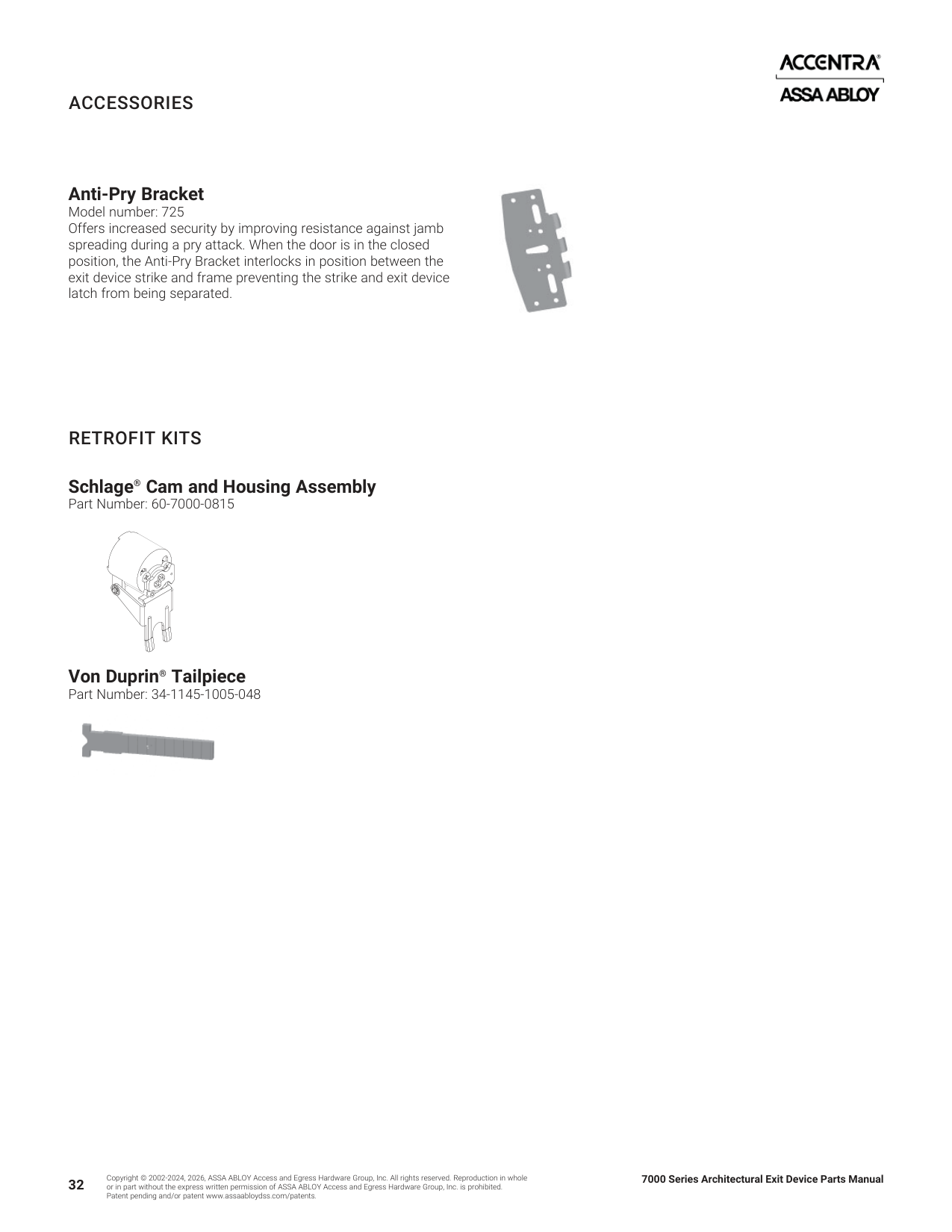 Accentra (formally Yale Security) 60-7000-0815 Cam and Housing Parts List