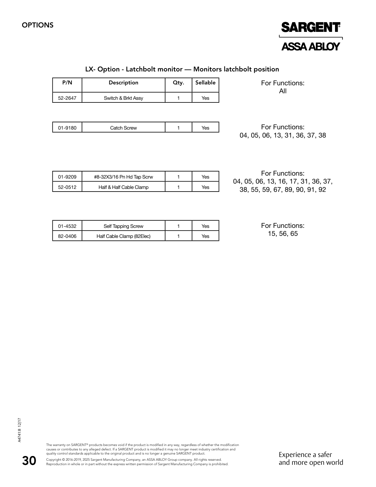 Sargent 52-2647 Bracket Parts List