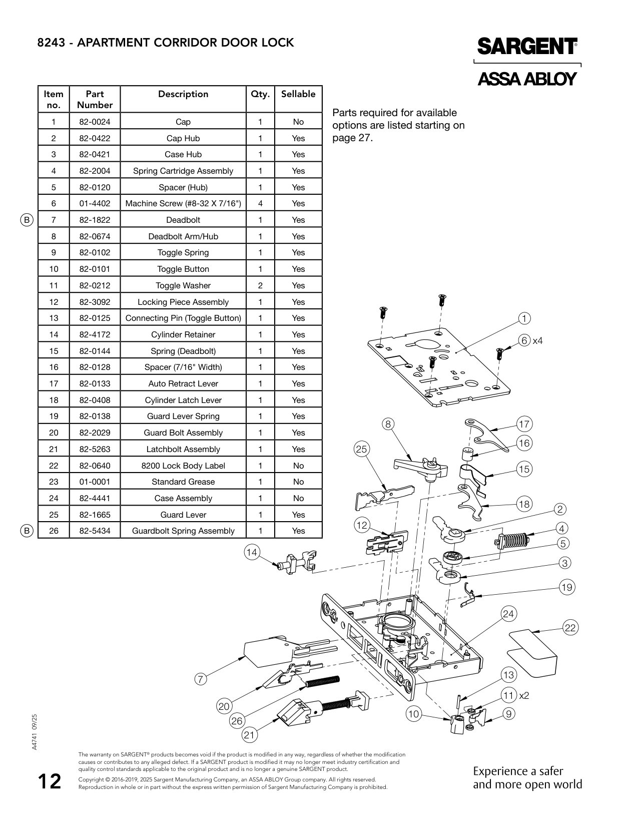 Sargent 82-0421 Hub Parts List