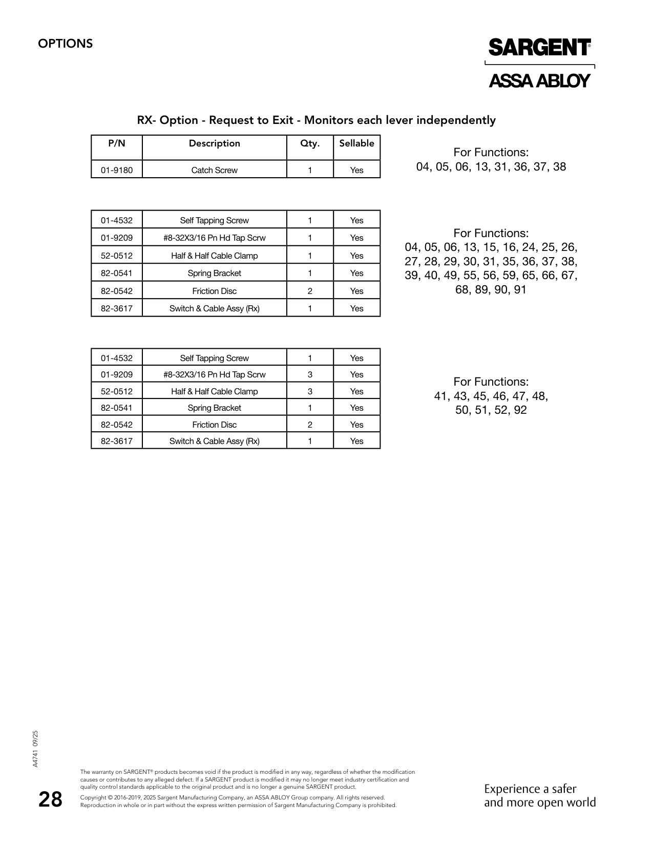 Sargent 82-0542 Part Parts List