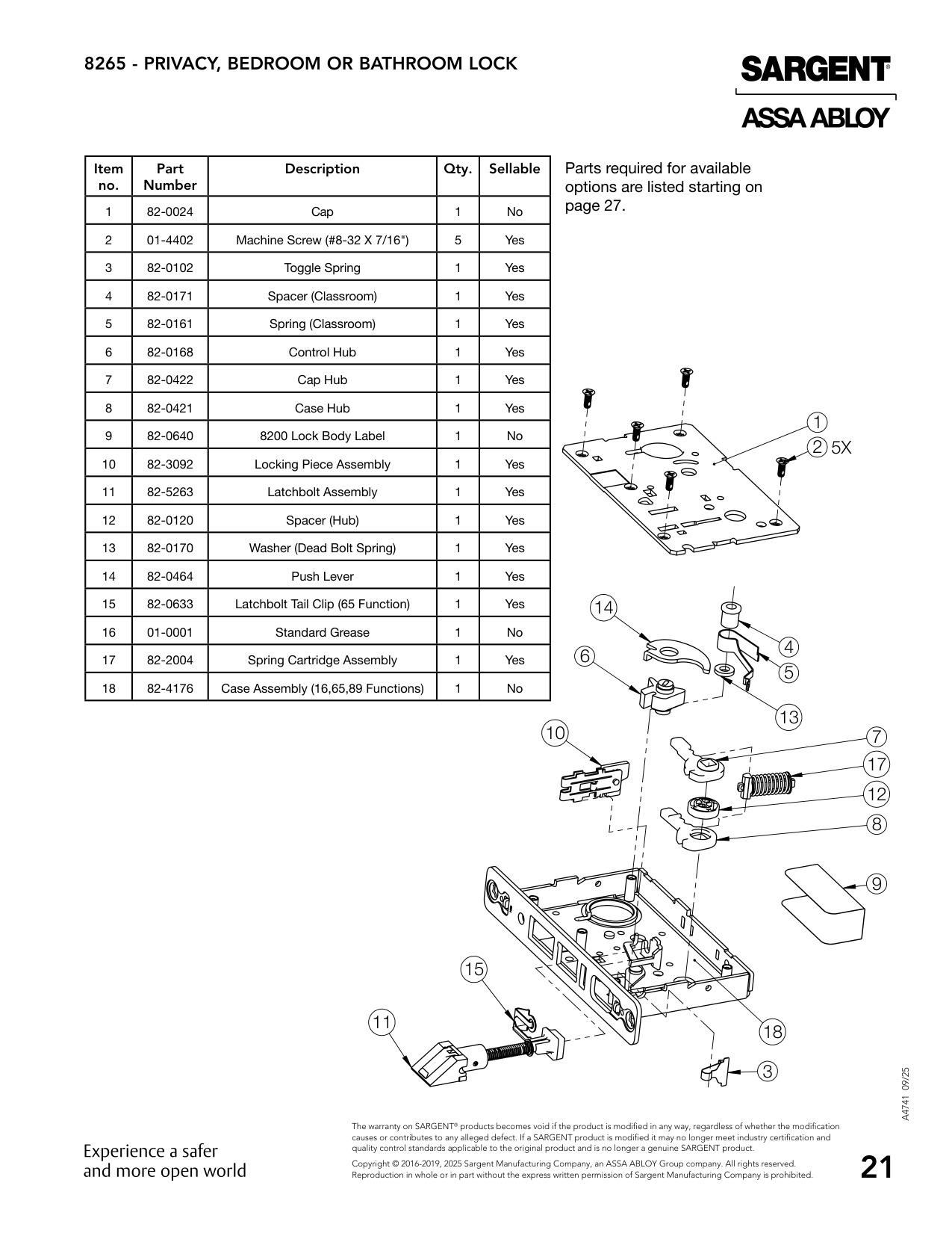 Sargent 82-0633 Part Parts List
