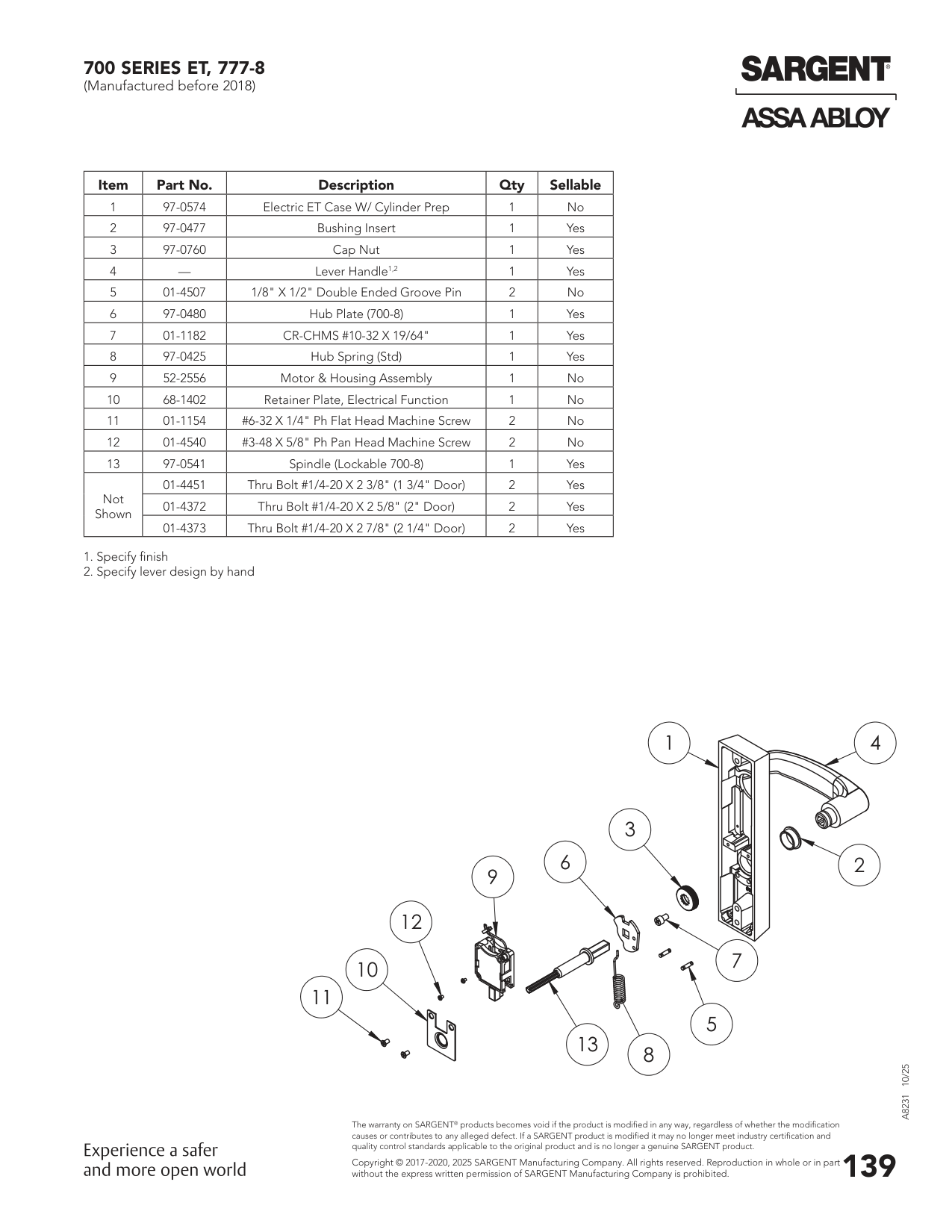 Sargent 777 Exit Trim Set Parts List