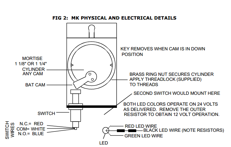 Securitron MKA Mortise Key Switch, Momentary SPDT Single Gang with LED Indicator less Cylinder
