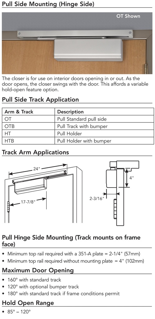Sargent 351 OT Door Closer with PULL Standard Pull Side Track Arm