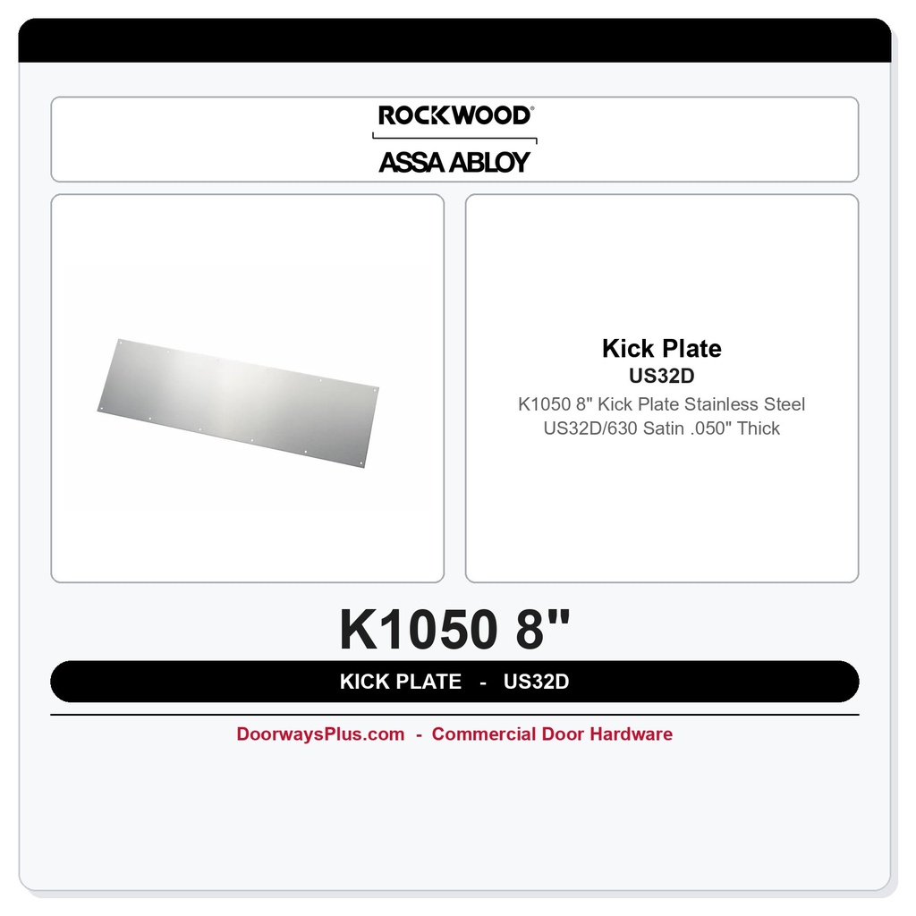 Rockwood K1050 8" Kick Plate – Stainless Steel US32D/630 Satin | .050" Thick