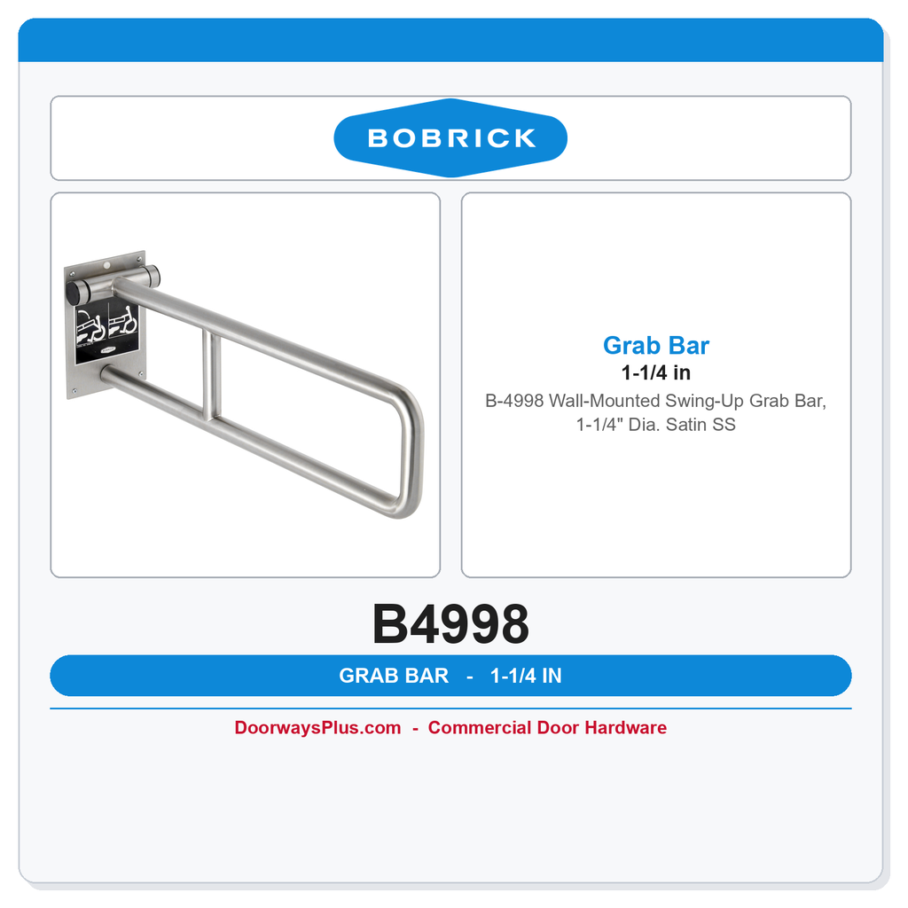 Bobrick B-4998 Wall-Mounted Swing-Up Grab Bar, 1-1/4" Dia. Satin SS