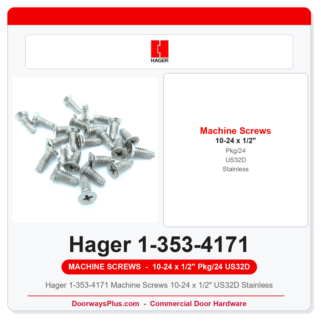 Hager 1-353-4171 Machine Screws 10-24 x 1/2" US32D Stainless | Pkg/24