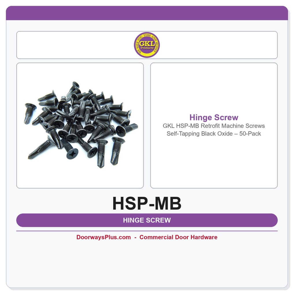 GKL HSP-MB Retrofit Machine Screws Self-Tapping Black Oxide – 50-Pack