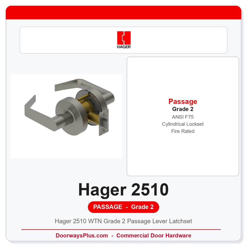 Hager 2510 WTN Grade 2 Passage Lever Latchset | ANSI F75 | ADA | Fire Rated