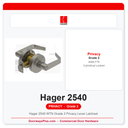 Hager 2540 WTN Grade 2 Privacy Lever Latchset | ANSI F76 UL Listed