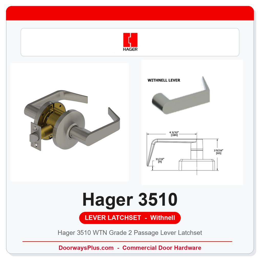 Hager 3510 WTN Grade 2 Passage Lever Latchset | ANSI F75 | UL Fire Rated