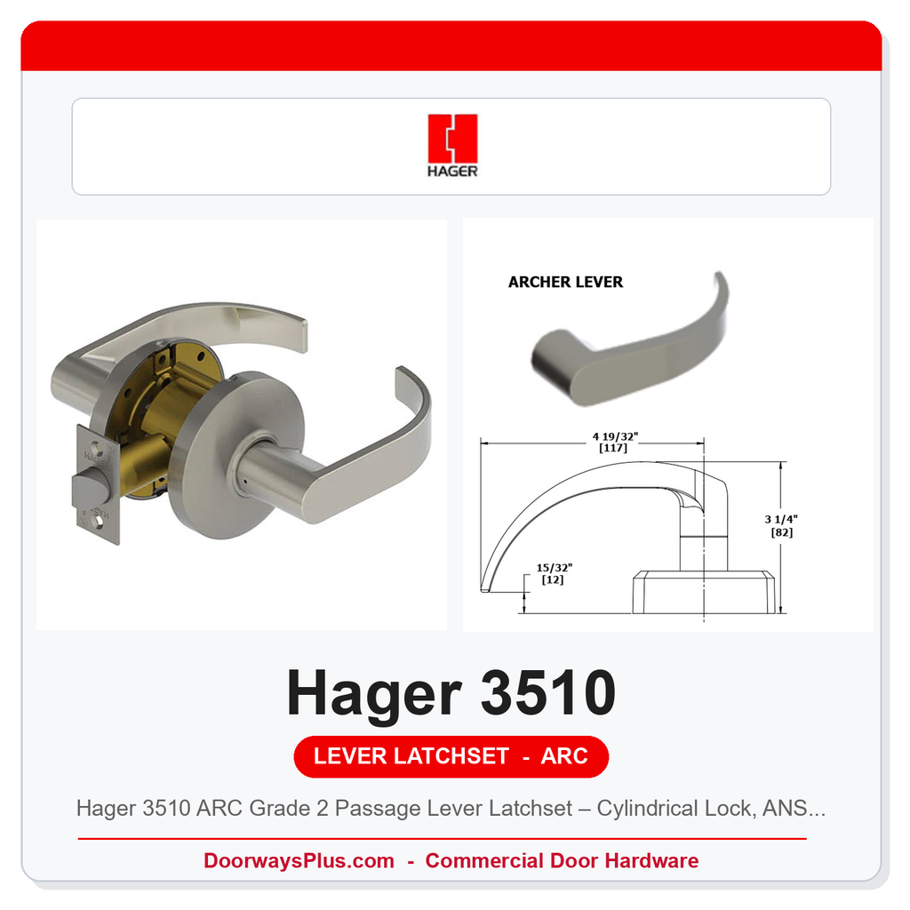Hager 3510 ARC Grade 2 Passage Lever Latchset – Cylindrical Lock, ANSI F75, UL Fire Rated