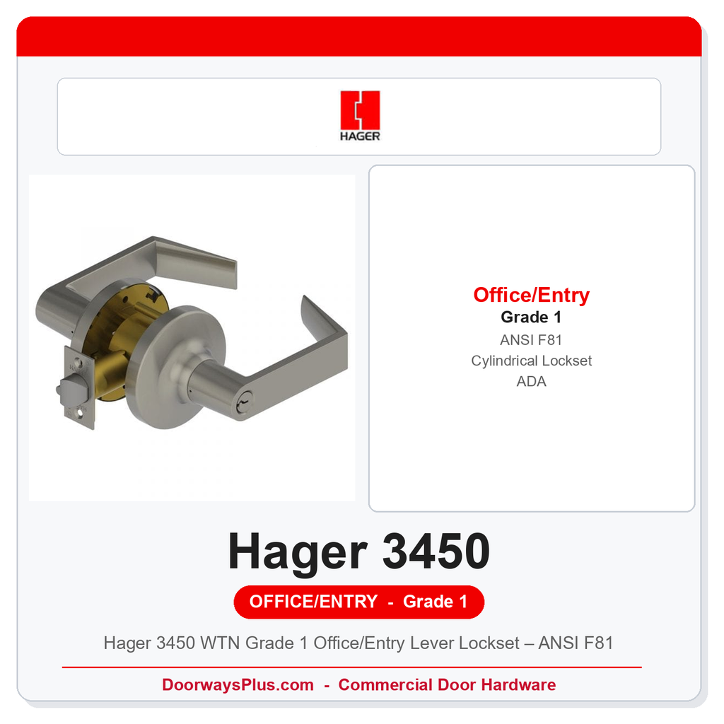 Hager 3450 WTN Grade 1 Office/Entry Lever Lockset – ANSI F81 | UL Listed | ADA Compliant