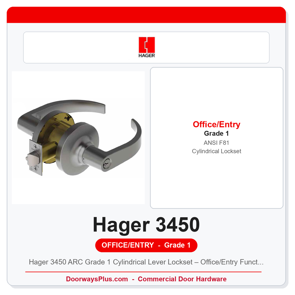 Hager 3450 ARC Grade 1 Cylindrical Lever Lockset – Office/Entry Function (ANSI F81)