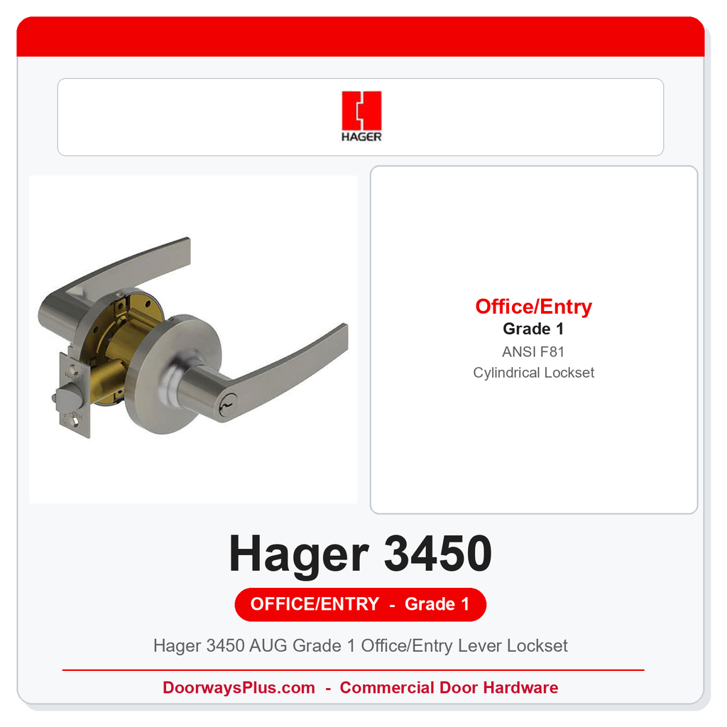 Hager 3450 AUG Grade 1 Office/Entry Lever Lockset | ANSI F81 Push Button | UL Listed