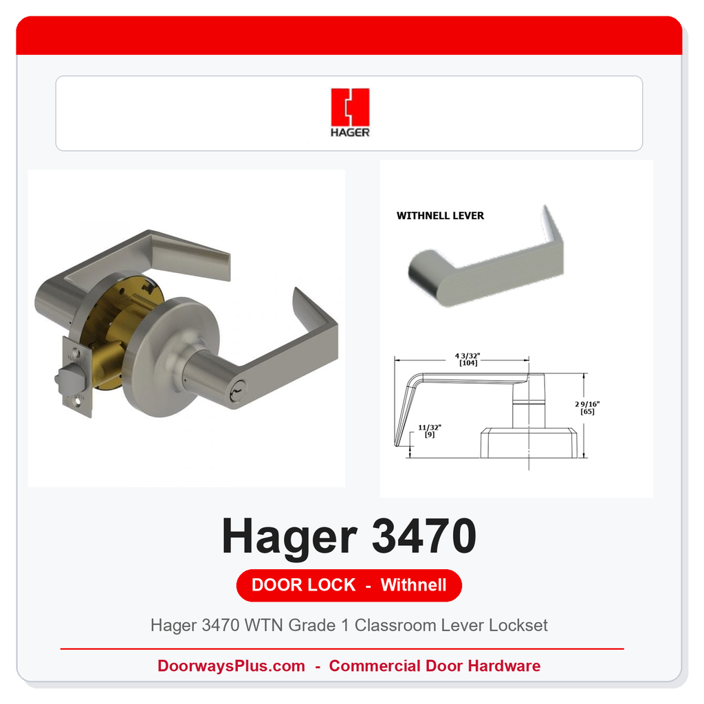 Hager 3470 WTN Grade 1 Classroom Lever Lockset | ANSI F84 | ADA