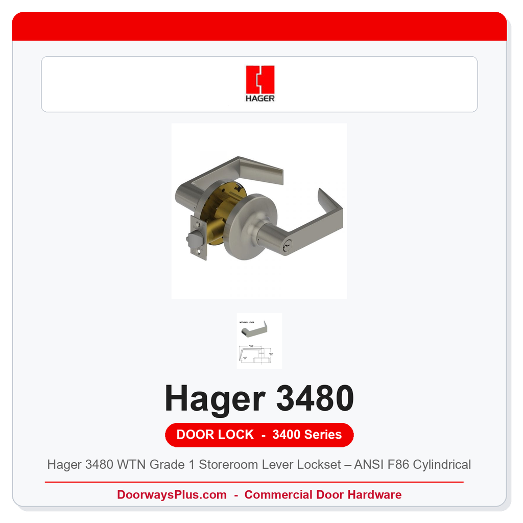Hager 3480 WTN Grade 1 Storeroom Lever Lockset – ANSI F86 Cylindrical