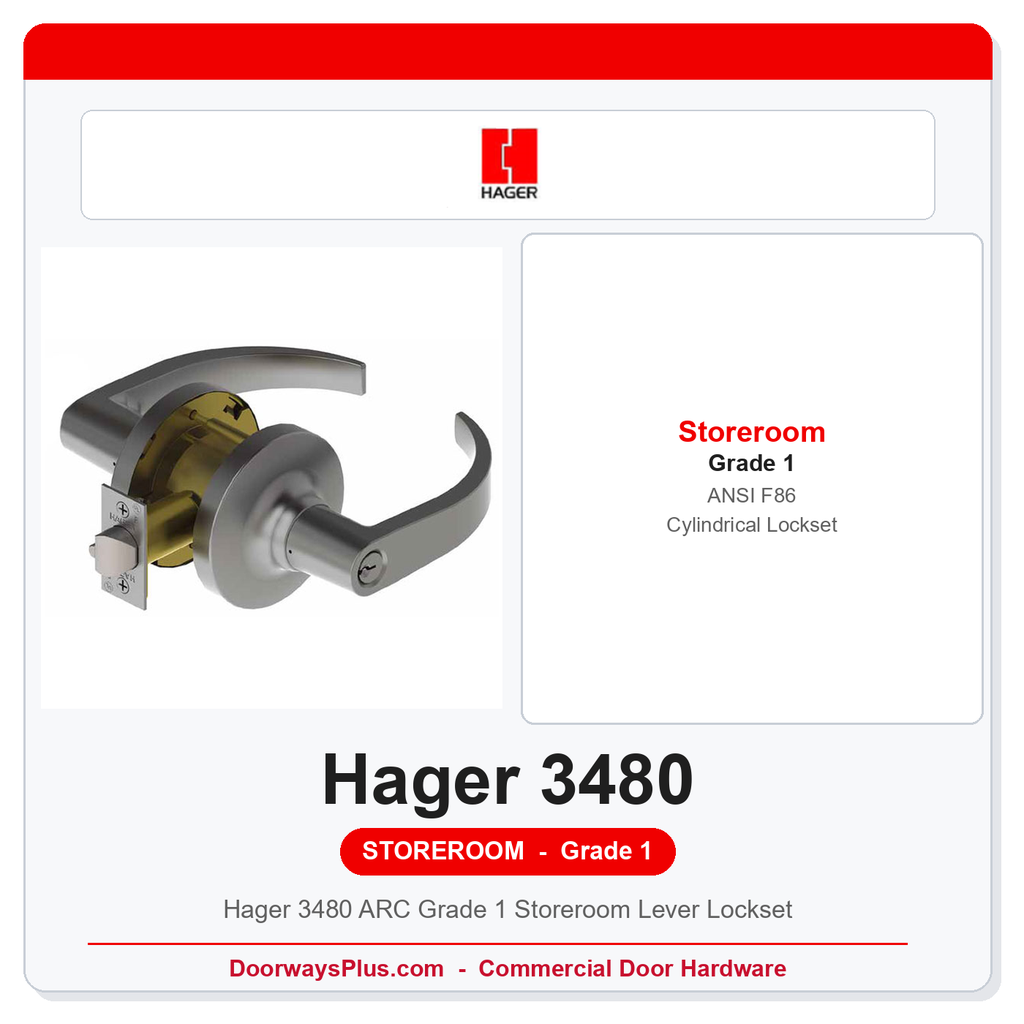 Hager 3480 ARC Grade 1 Storeroom Lever Lockset | ANSI F86 UL Listed