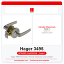 Hager 3495 AUG Grade 1 Intruder Classroom Lever Lockset | ANSI F110 | UL Listed