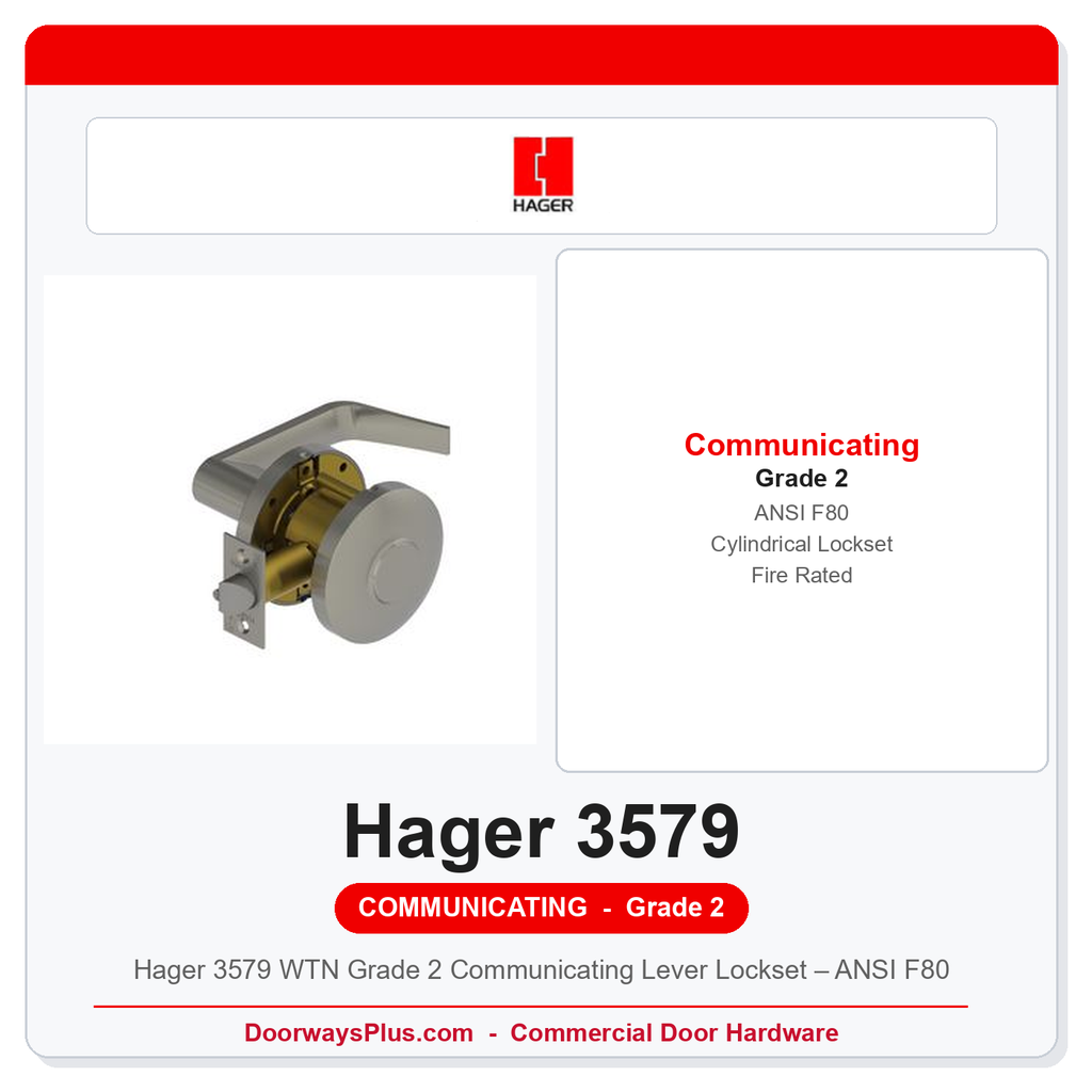 Hager 3579 WTN Grade 2 Communicating Lever Lockset – ANSI F80 | UL Listed Fire Rated