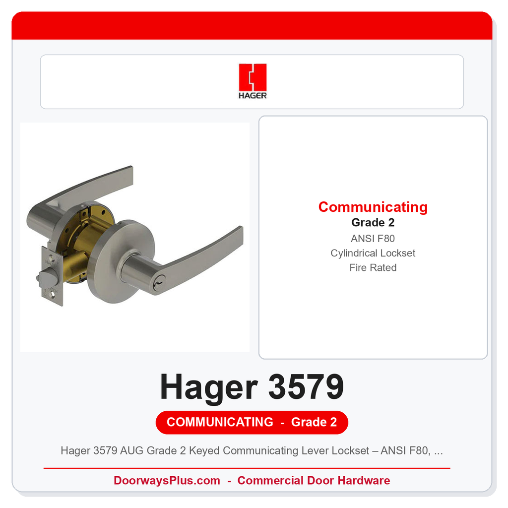 Hager 3579 AUG Grade 2 Keyed Communicating Lever Lockset – ANSI F80, UL Fire Rated