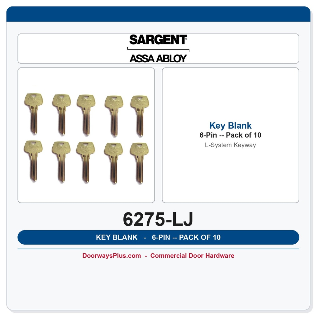 Sargent 6275LJ 6-Pin Key Blank, LJ Keyway – Pack of 10