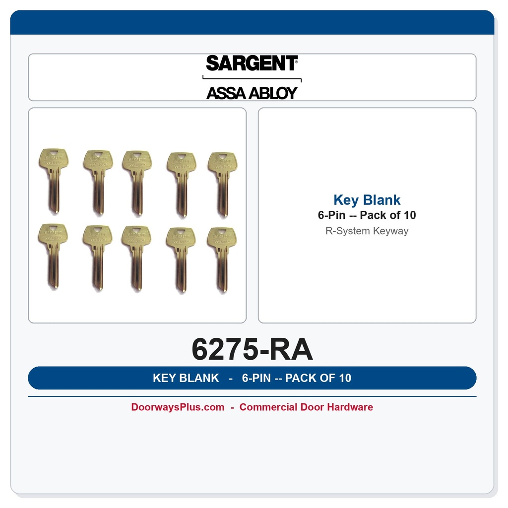 Sargent 6275RA 6-Pin Key Blank, R System Keyway – Pack of 10