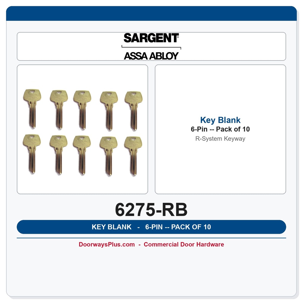 Sargent 6275RB 6-Pin Key Blank, R System Keyway – 10-Pack