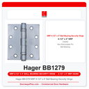 Hager BB1279 NRP 4-1/2" x 4" Ball Bearing Security Hinge | US26D Satin Chrome