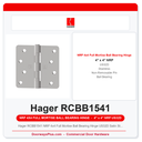 Hager RCBB1541 NRP 4x4 Full Mortise Ball Bearing Hinge US32D Satin Stainless 1/4" Radius