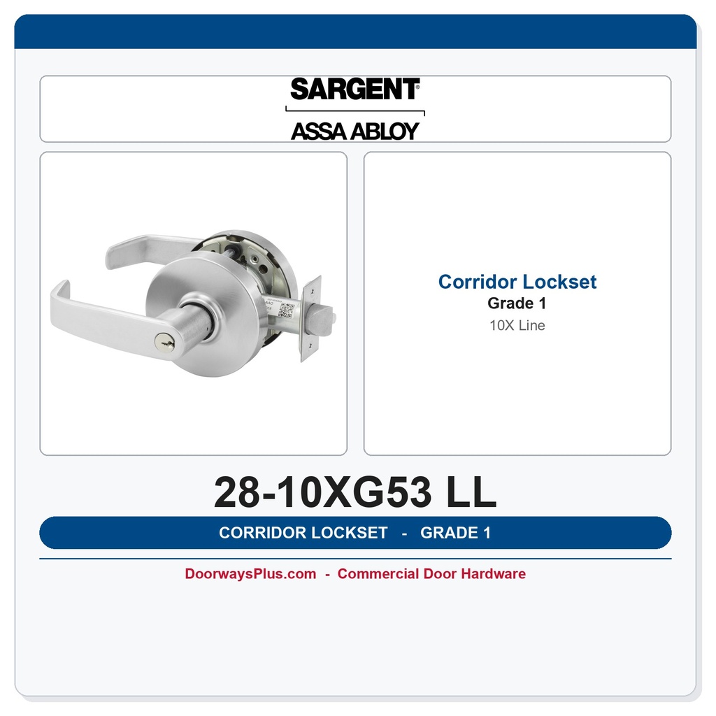 Sargent 28-10XG53 LL Corridor/Dormitory Lockset – 10X Line Grade 1 Cylindrical