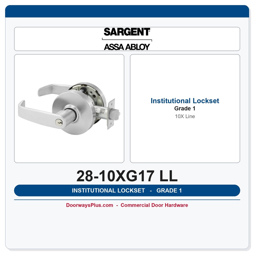 Sargent 28-10XG17 LL Institutional Lever Lockset | Grade 1 Asylum ANSI F87 | 3-Hr Fire Rated